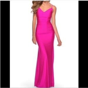 NWOT La Femme Hot Pink Ruched Jersey Gown Maxi Dress 29020 Women's Size 2